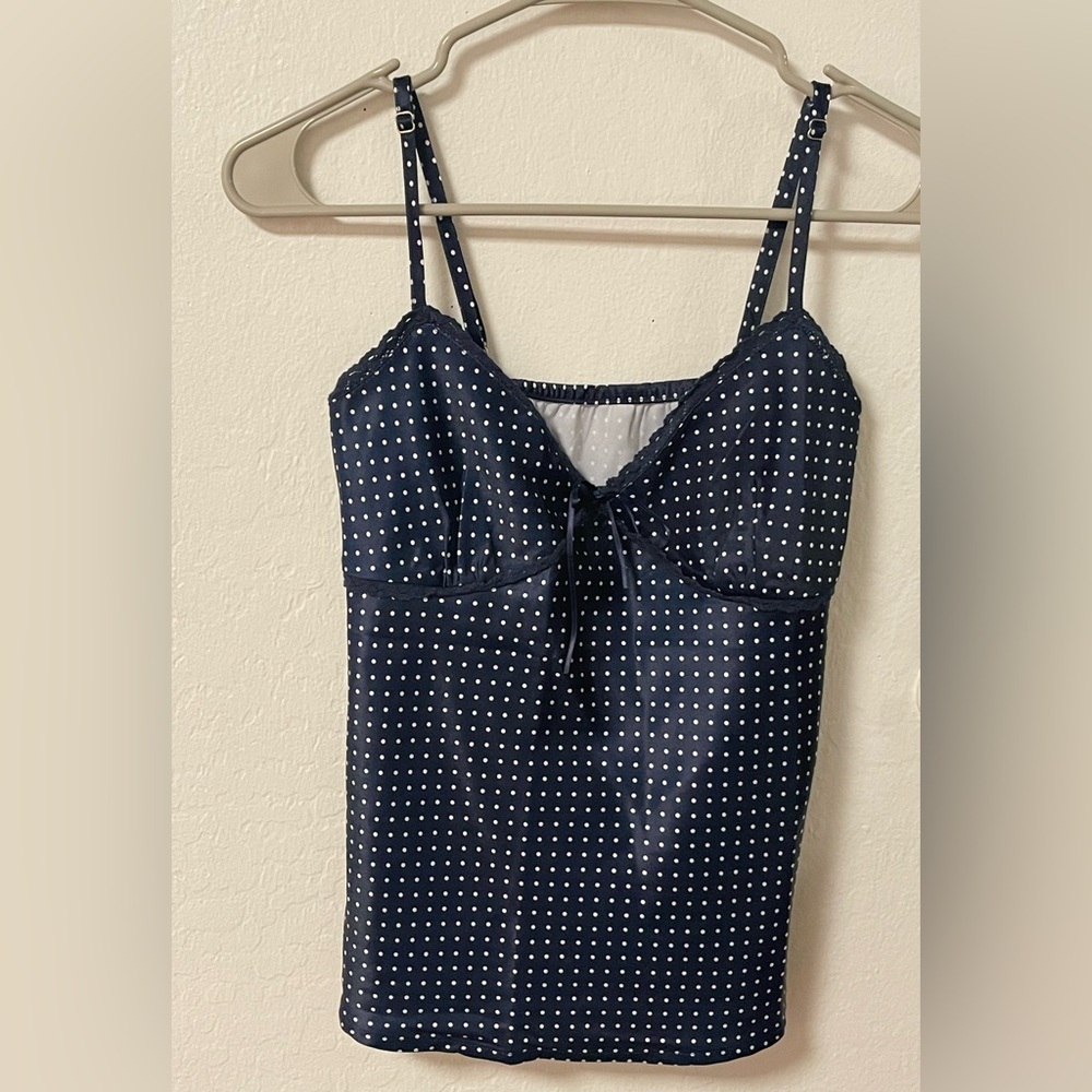 Cider polka dot lace trim knotted cami top